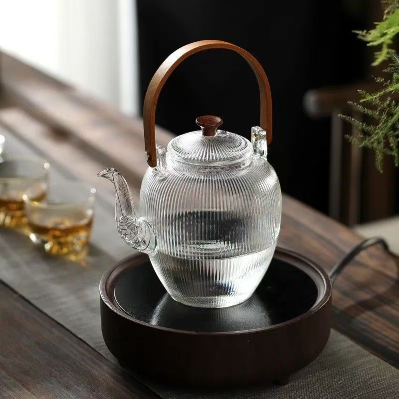 日式竖纹玻璃煮茶壶明火煮茶器高硼硅玻璃锤纹大容量沏红绿泡茶壶