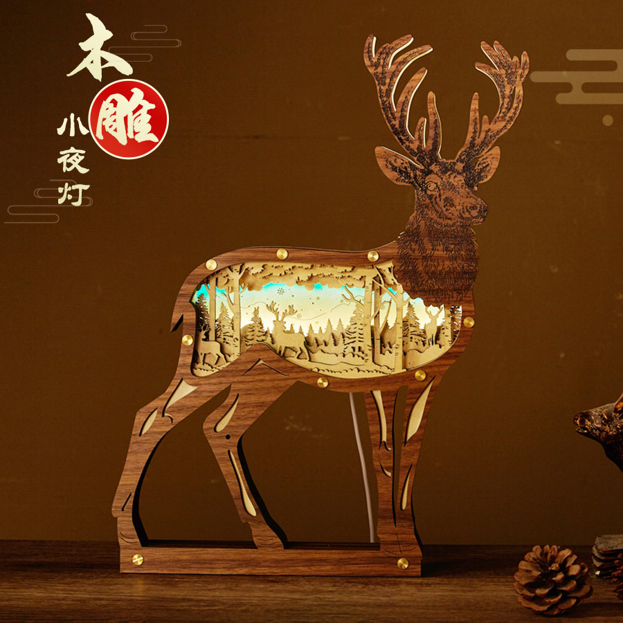 圣诞节台灯麋鹿摆件纪念品木雕灯文创创意3d小夜灯北欧触控装饰