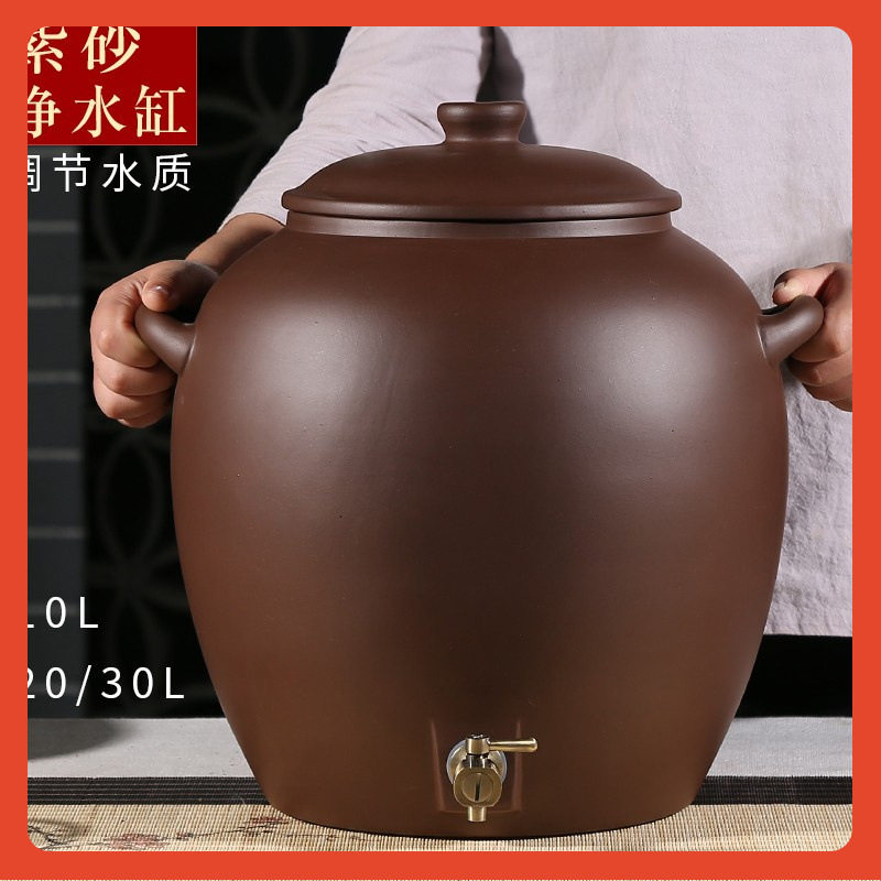 纯紫砂无釉带龙头陶瓷净水缸