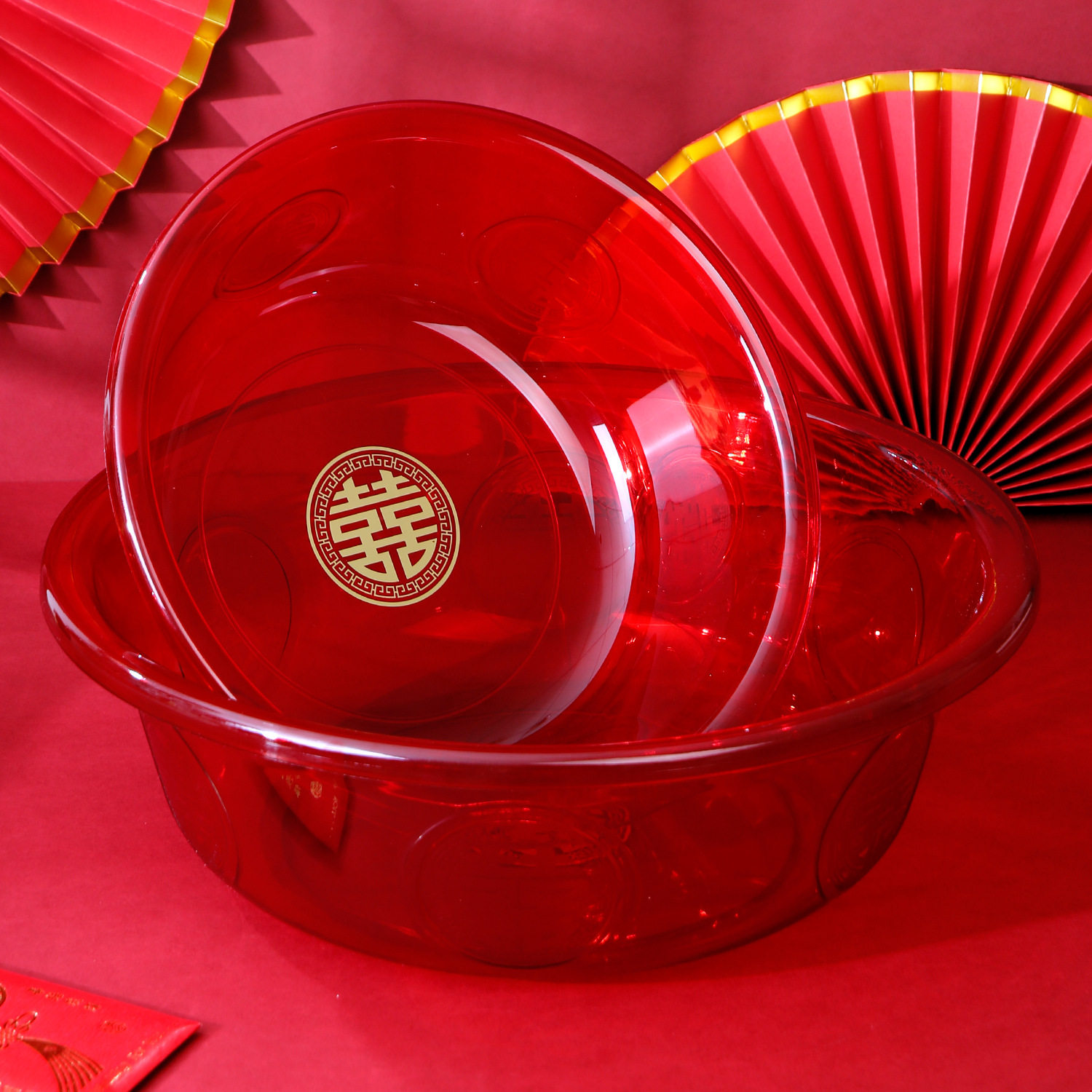 喜盆结婚透明洗脸盆婚礼用品大全女方陪嫁套装婚庆塑料红盆喜庆