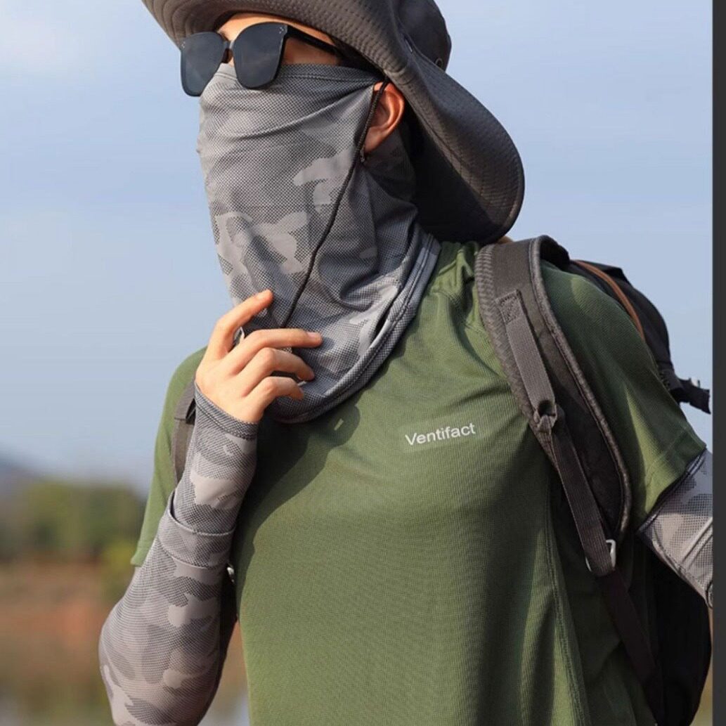 迷彩防晒面罩男士冰丝袖套夏季口罩全脸遮阳冰袖护颈开车骑行登山