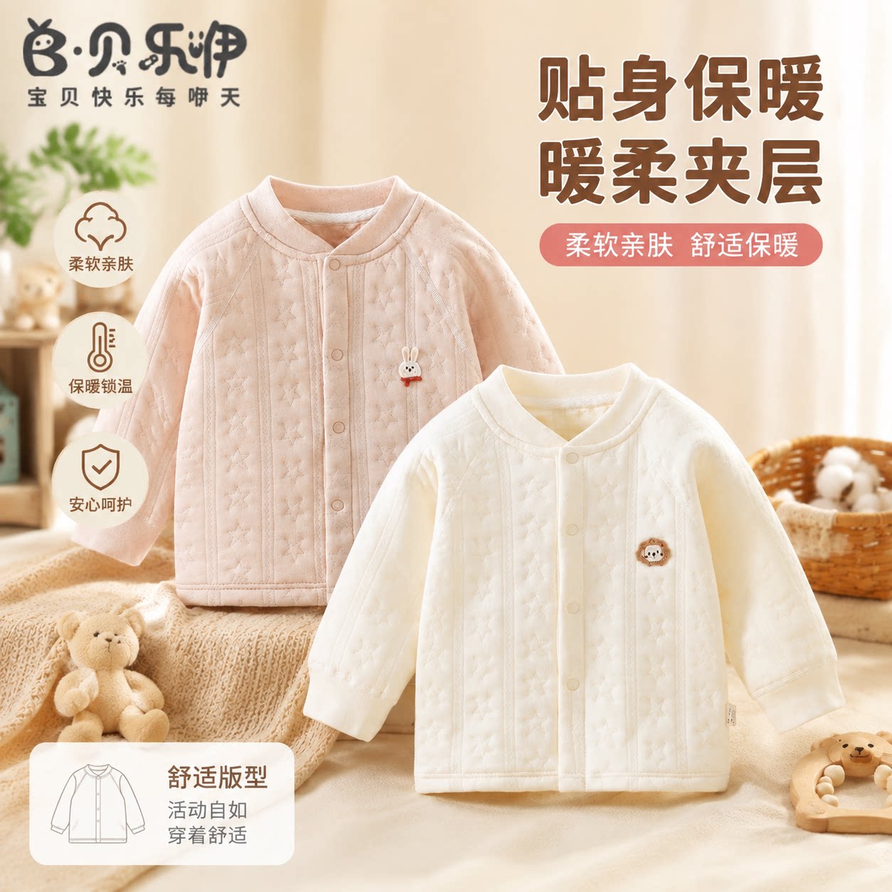 贝乐咿婴儿外套秋冬季保暖夹棉宝宝上衣新生儿护肚衣服儿童睡衣