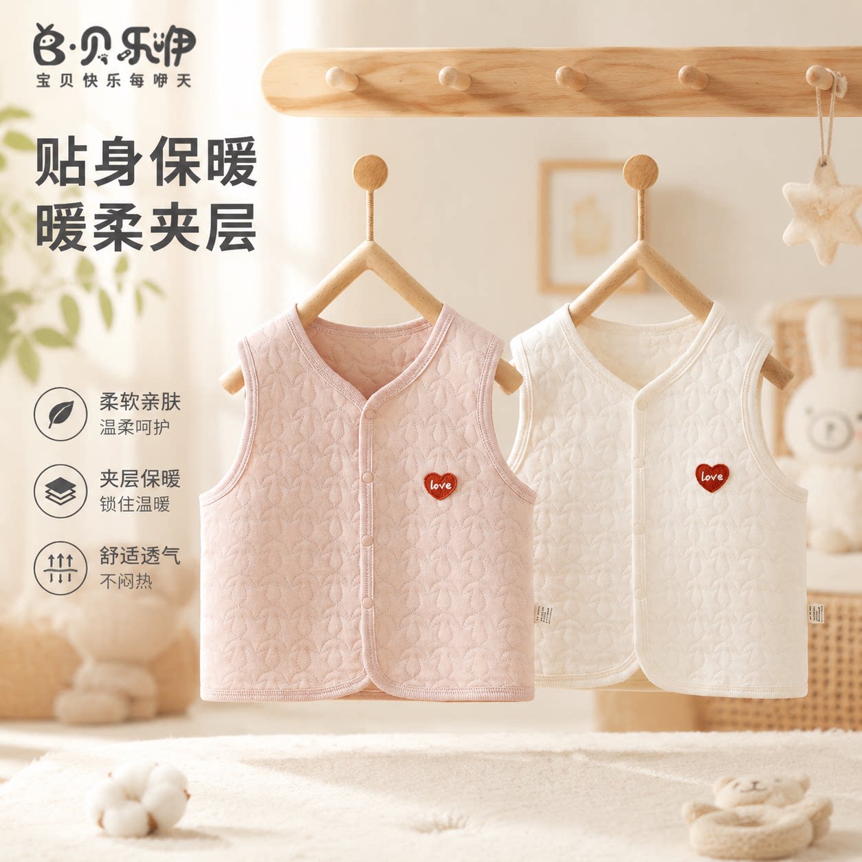 贝乐咿婴儿马甲秋冬季宝宝保暖款儿童夹棉无袖上衣新生儿居家上装