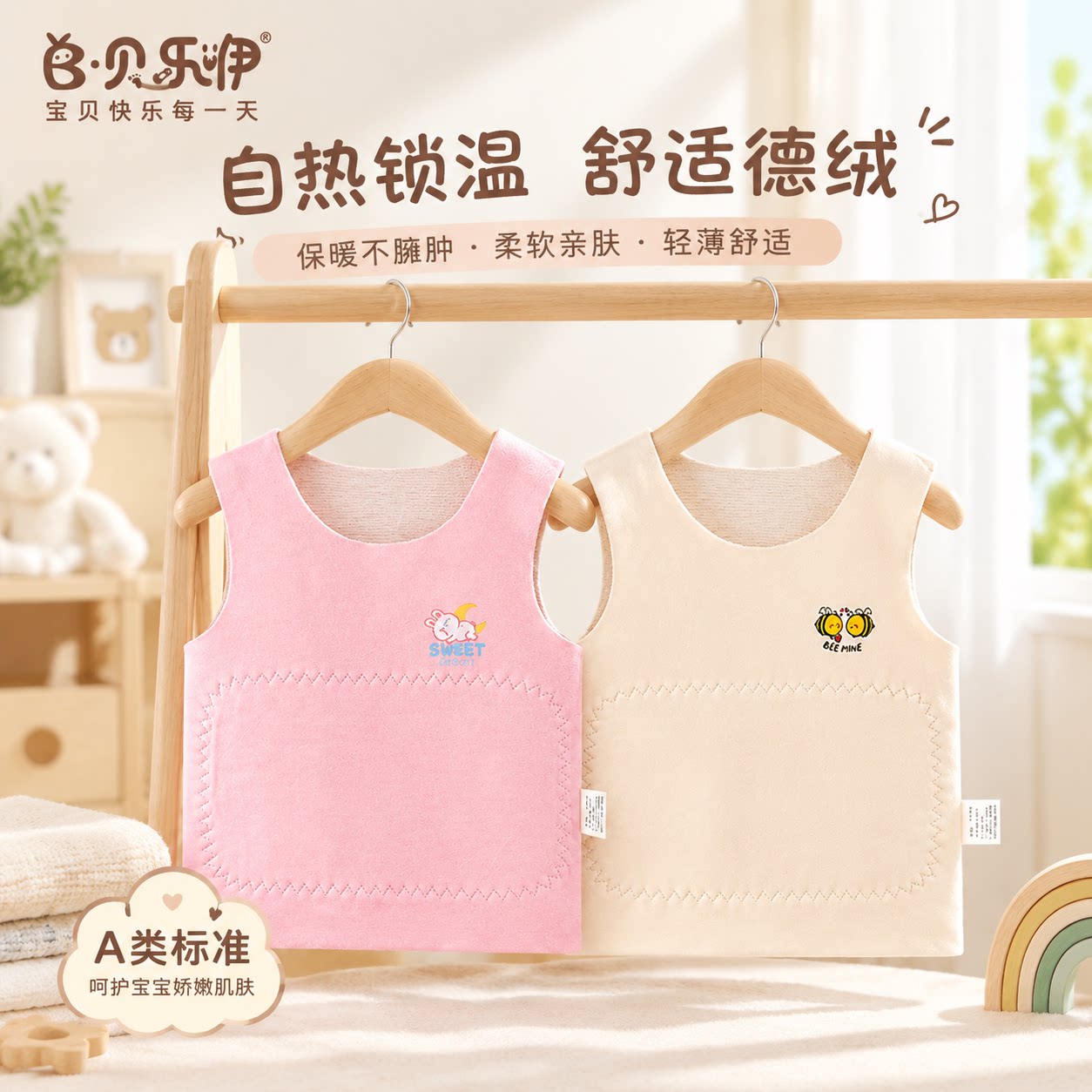 贝乐咿婴儿德绒背心秋冬季A类贴身护肚马甲儿童无骨打底无袖上衣