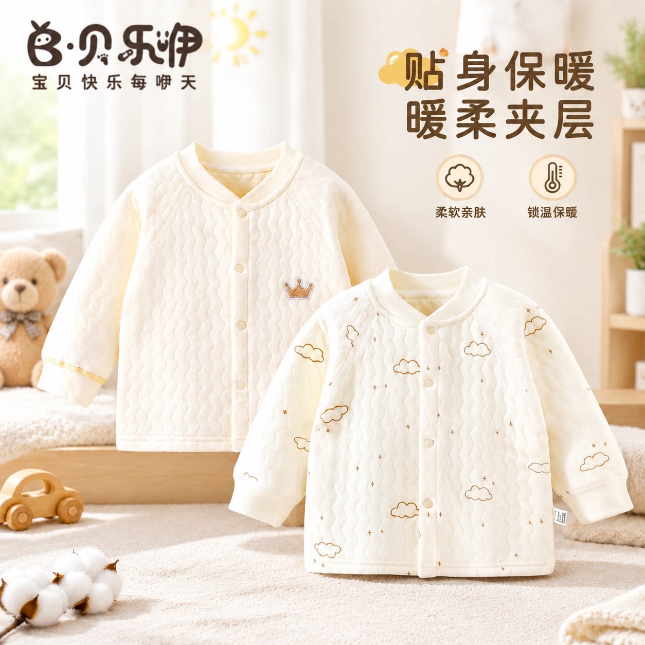 贝乐咿宝宝外套秋衣秋冬季纯棉A类上衣婴儿夹棉保暖衣服儿童睡衣