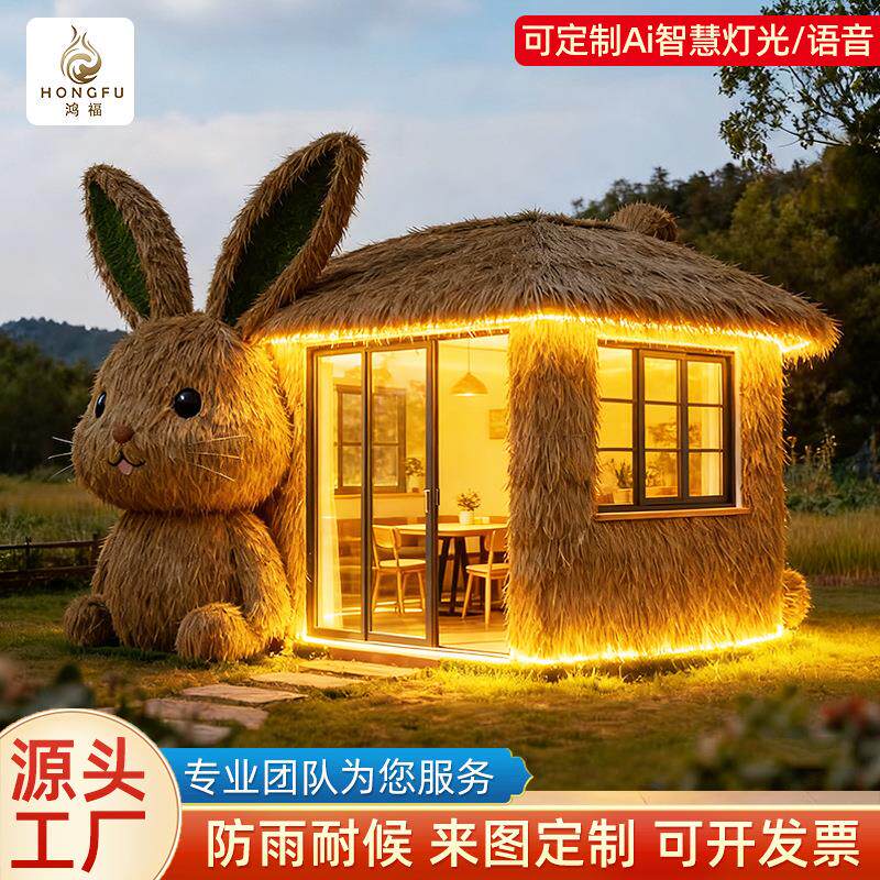户外可爱茅草兔子造型小屋农家乐庭院茅草亭子设计师特色凉亭