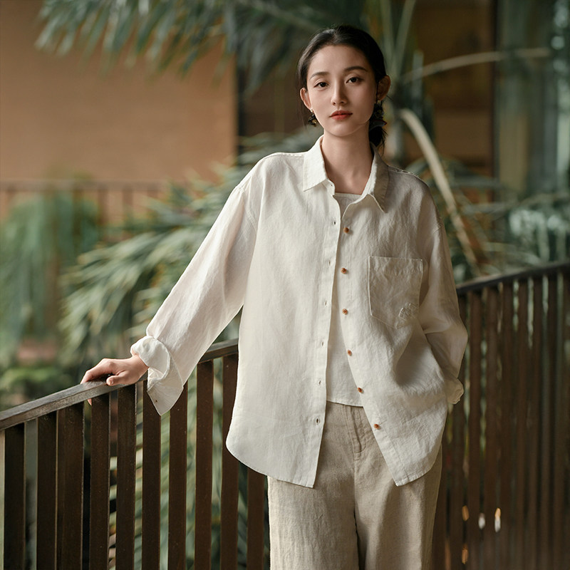 鹿与安笛春季新款汉麻长袖衬衫女宽松高级感新中式气质白衬衣女