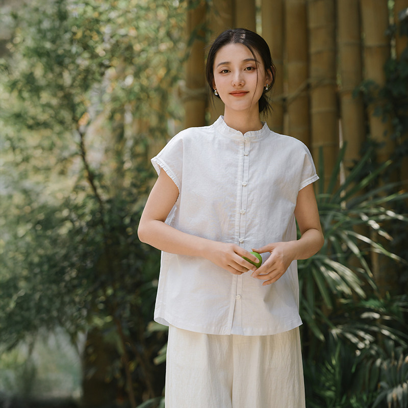 鹿与安笛夏季亚麻棉短袖衬衫