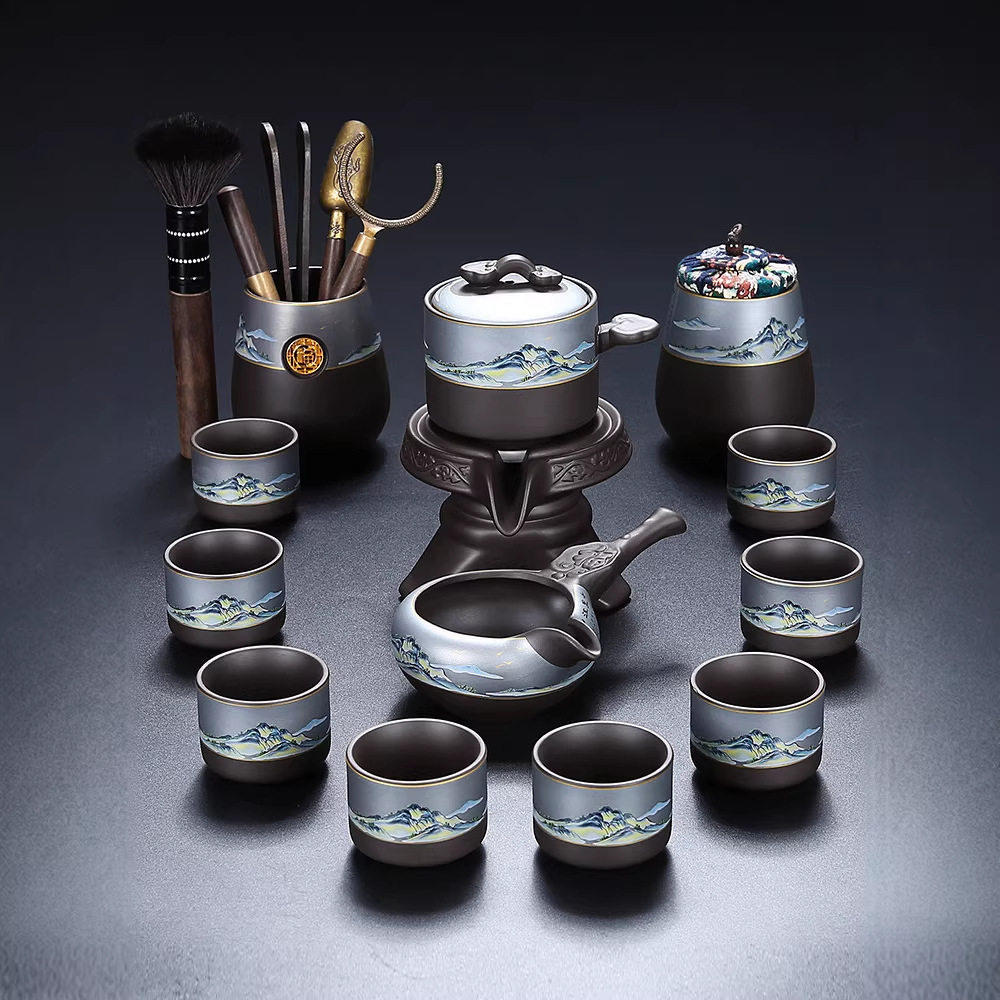 紫砂自动茶具套装千里江山石磨旋转茶壶懒人泡茶器新中式喝茶整套
