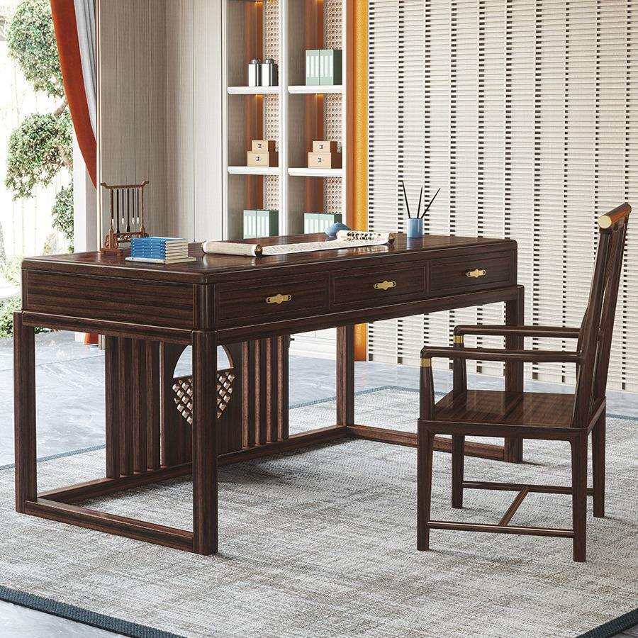 新中式乌金木全实木书桌组合禅意书法桌书画桌家用写字台书房家具