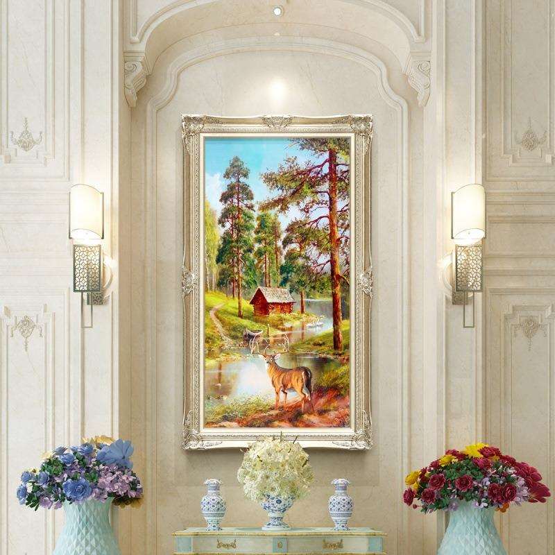 玄关装饰画欧式壁画进门走廊竖版挂画风景动物鹿油画大气高档画
