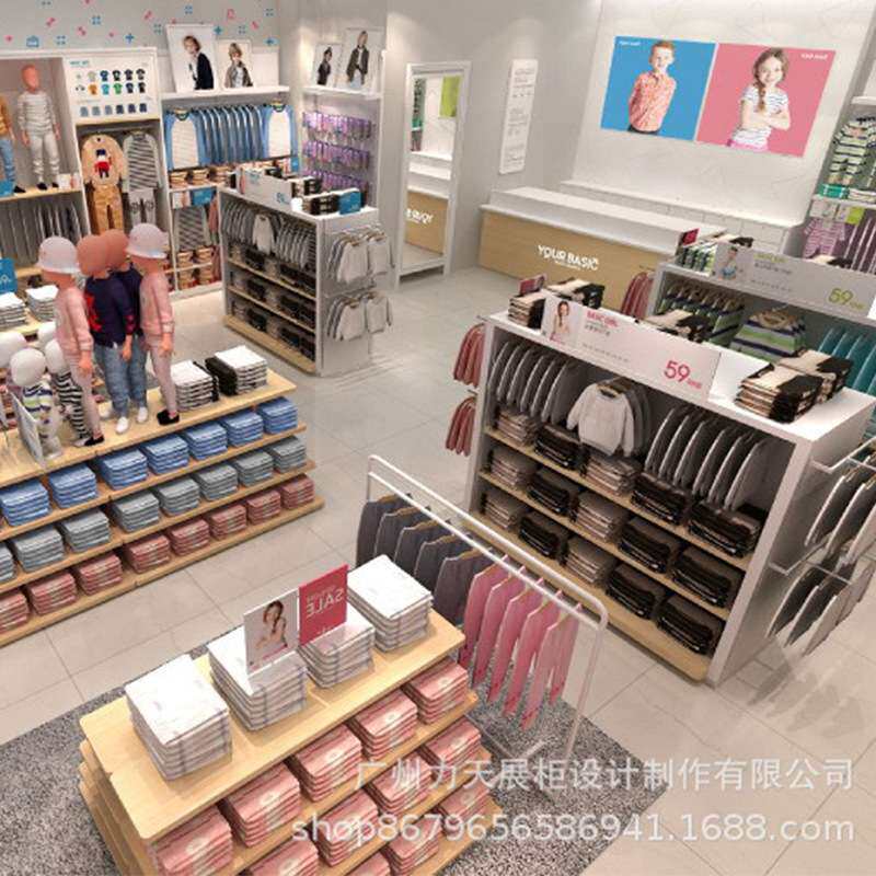 休闲服装店陈列柜厂家定 制 童装折扣店高柜 服装烤漆中岛展台