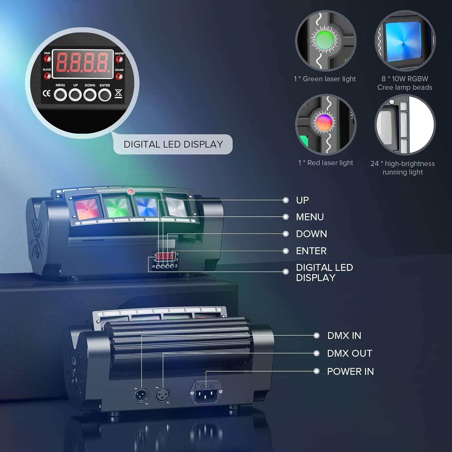 发光二极管蜘蛛灯8x3W RGBW移动头灯声控DMX-512控制舞台闪光灯