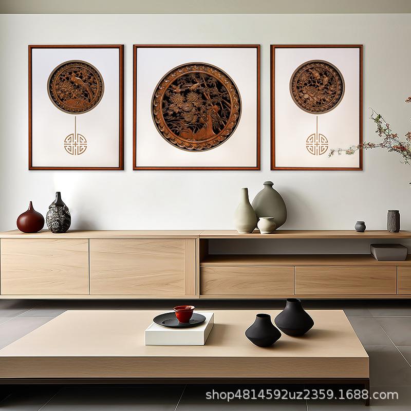 东阳浮雕画实木香复古木雕墙挂件新中式入户装饰挂画复古高级