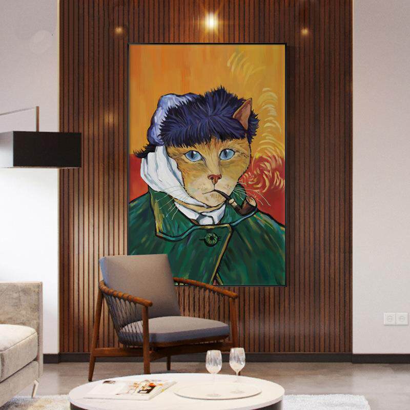 戴珍珠耳环的少女装饰画小众艺术猫北欧客厅壁画现代简约玄关挂画