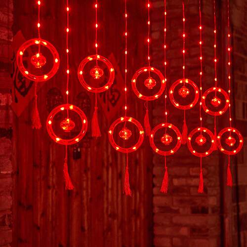 LED新年皮线窗帘灯插头带尾插中国风圆环红灯笼春节喜庆装饰灯串