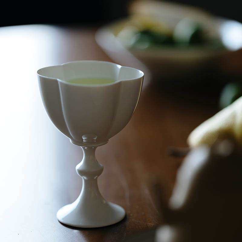 束刻 纸白釉高足花瓣日式主人杯茶杯高脚女神杯素雅纯白单杯手工