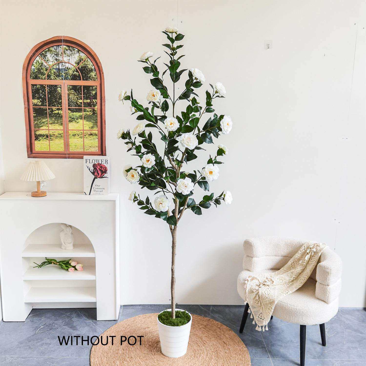 跨境仿真绿植山茶花树室内客厅落地假玫瑰花植物盆栽婚庆装饰摆件