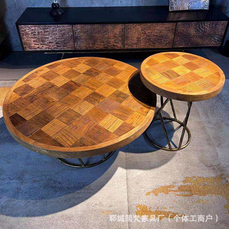 老榆木拼花圆桌小户型客厅小茶几铁艺腿矮桌实木风化棋盘格圆桌子