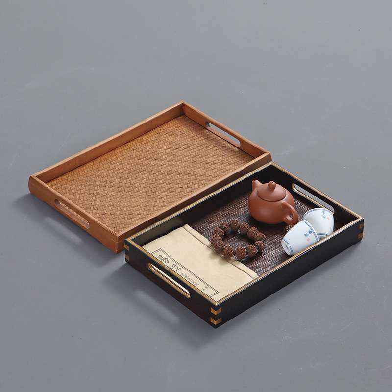竹编席面托盘奉茶盘单层干泡台 家用长方形茶具杯子收纳中式餐盘