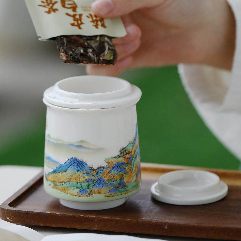 千里江山快客杯三件套陶瓷便携旅行茶具套装家用户外过滤泡茶杯