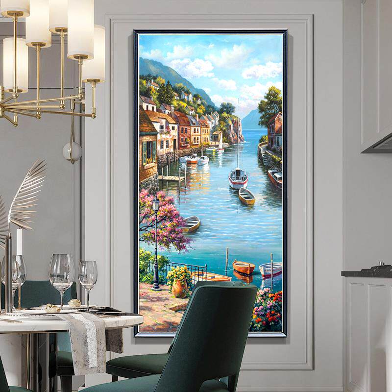手绘欧式地中海风景油画玄关竖版装饰画美式客厅过道走廊挂画壁画