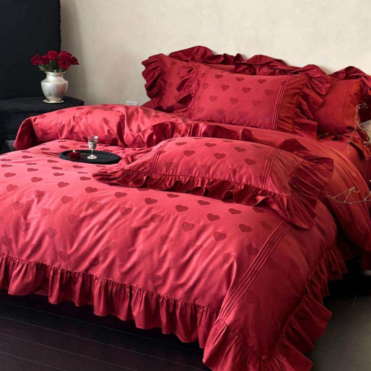 浪漫法式婚庆爱心提花新婚澳棉四件套少女荷叶花边结婚被套床品