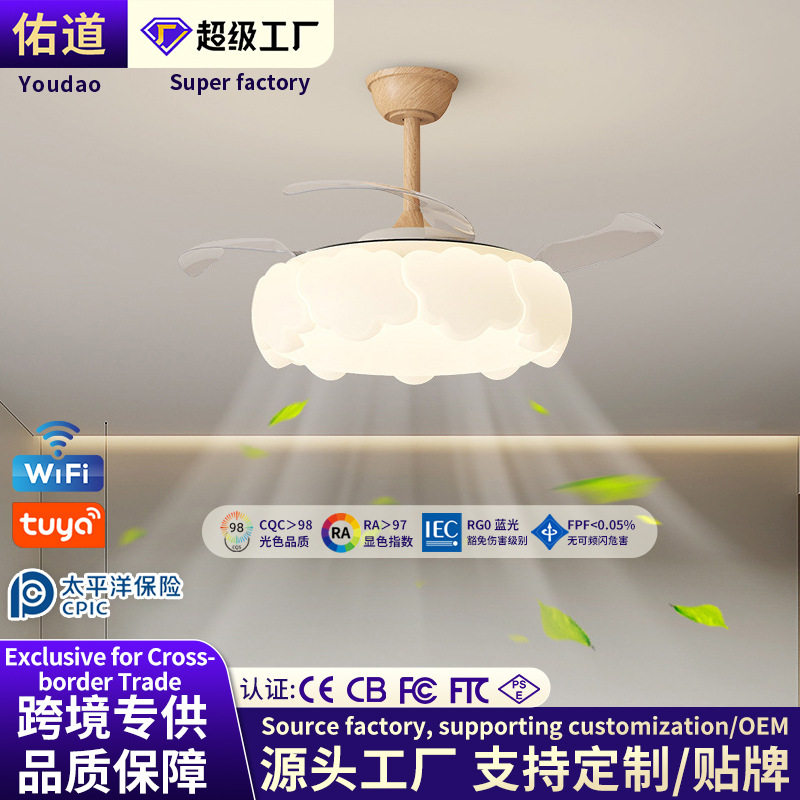 简约北欧风隐形风扇灯奶油风房间灯创意云朵边护眼温馨卧室吊扇灯