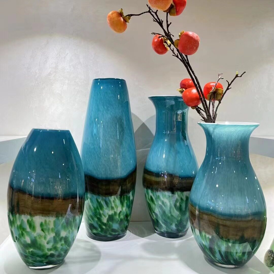 中式现代蓝色玻璃花瓶新中式餐桌客厅玄关花瓶装饰干花插花器摆件