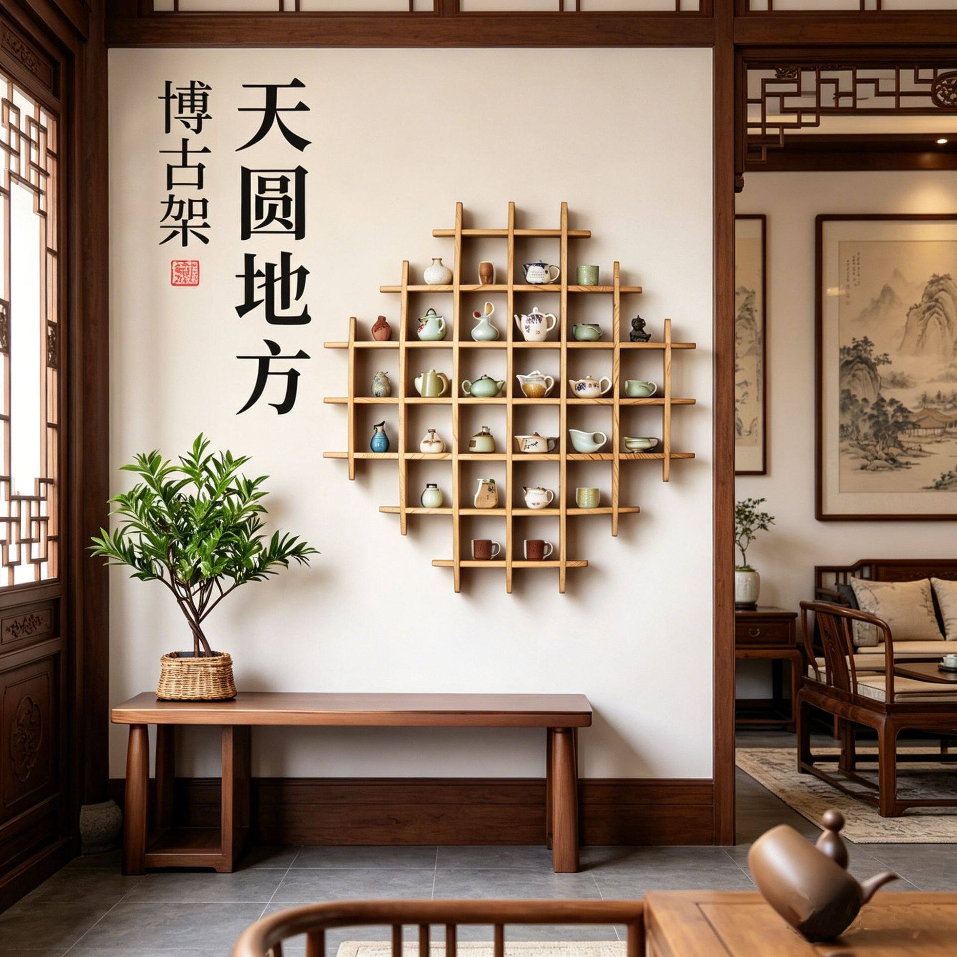 壁挂式博古架实木中式茶杯架墙上茶室背景展示格子架置物架多宝阁