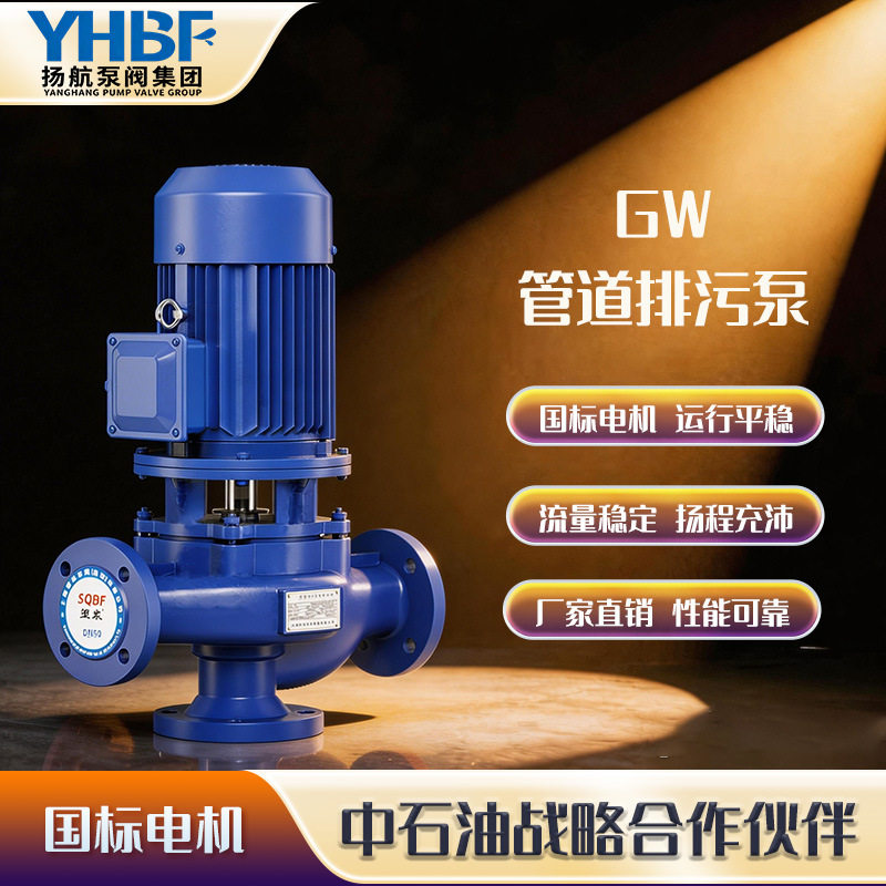 扬航GW型立式无堵塞不锈钢潜污水泵管道排污泵立式污水提升泵
