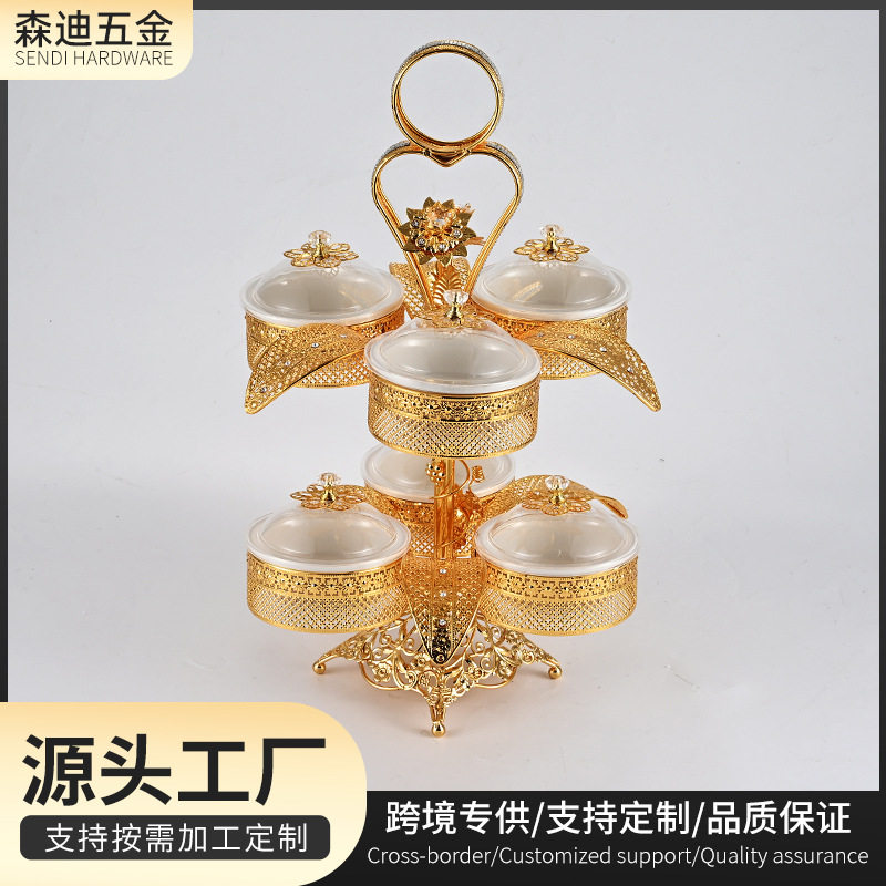 欧式铁艺干果盒可旋转水果糖果盒分格下午茶甜点蛋糕收纳家用摆件