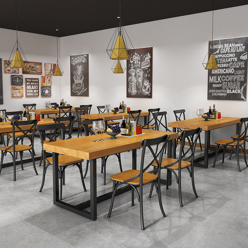 复古酒吧烧烤吧音乐餐厅工业风实木餐桌长方形铁艺咖啡厅桌椅组合