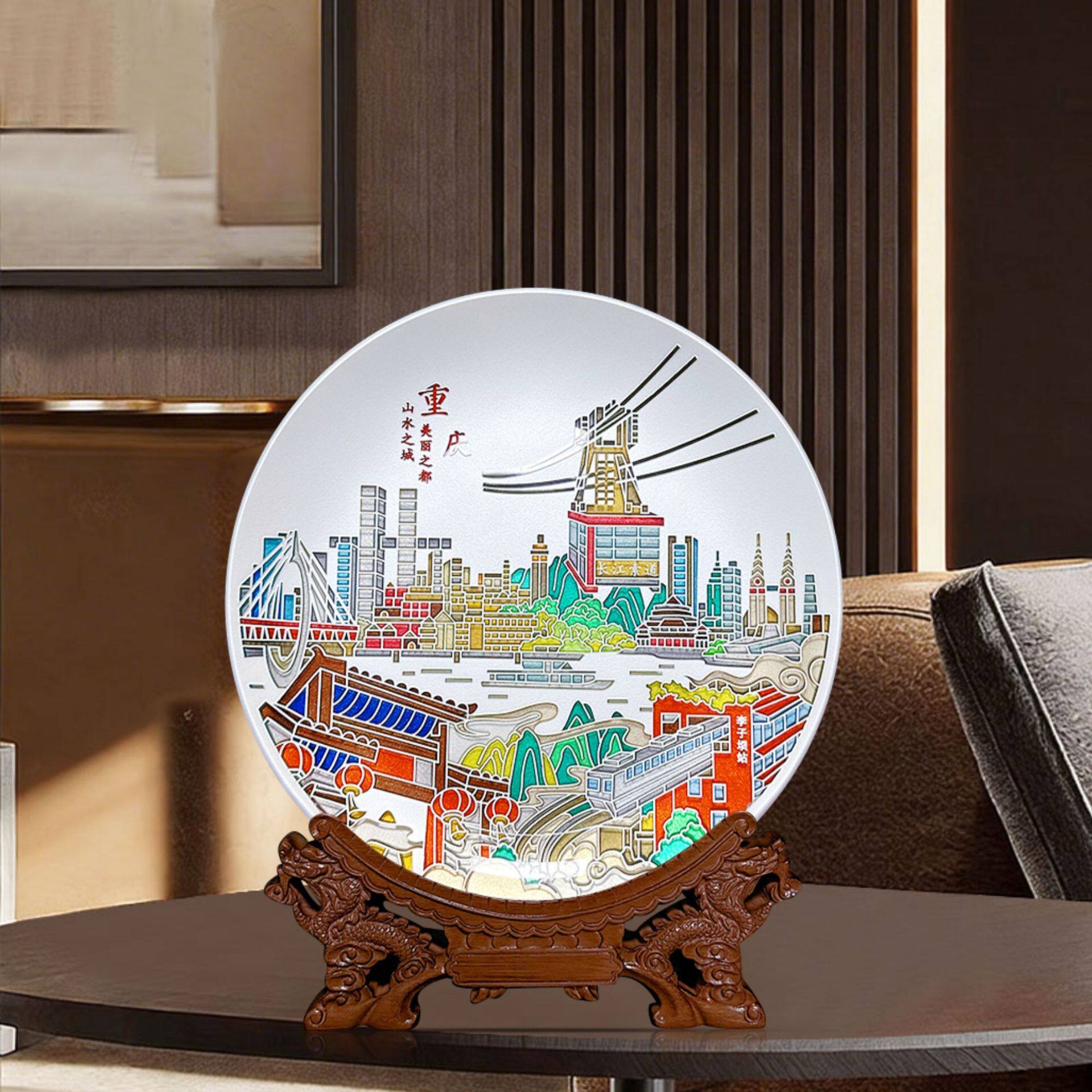 百福十年老店制造重庆特色纪念品城市旅游文化浮雕晶化玻璃摆盘