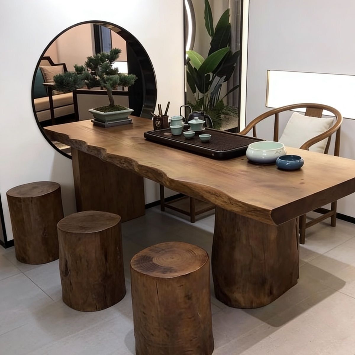 原木大板桌复古茶桌自然边整板装饰展示长桌民宿古典实木餐桌茶台