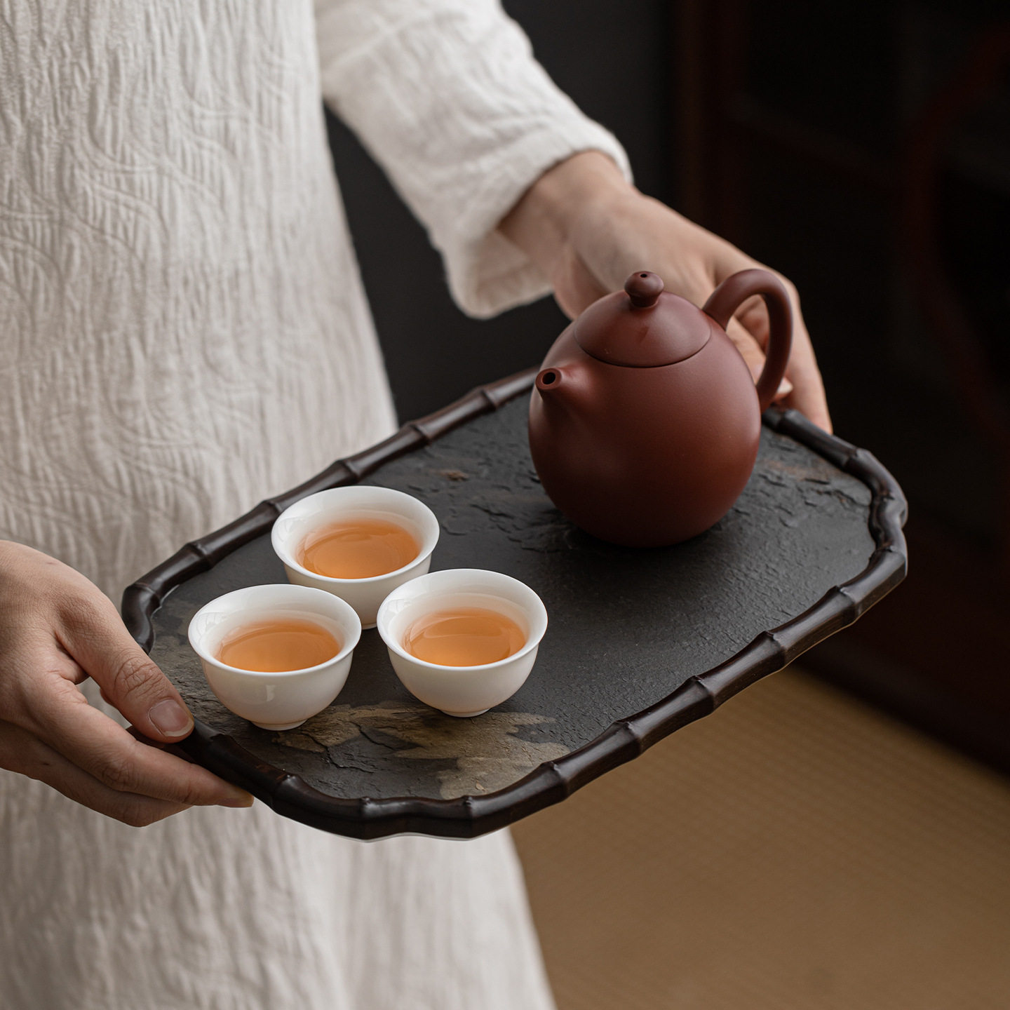 天然石茶盘竹节边干泡台家用中式茶具托盘茶道配件复古茶托盘