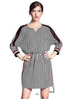 奈昕让您穿着好看个性化私人订制 21980黑白条纹dress拼接网纱修