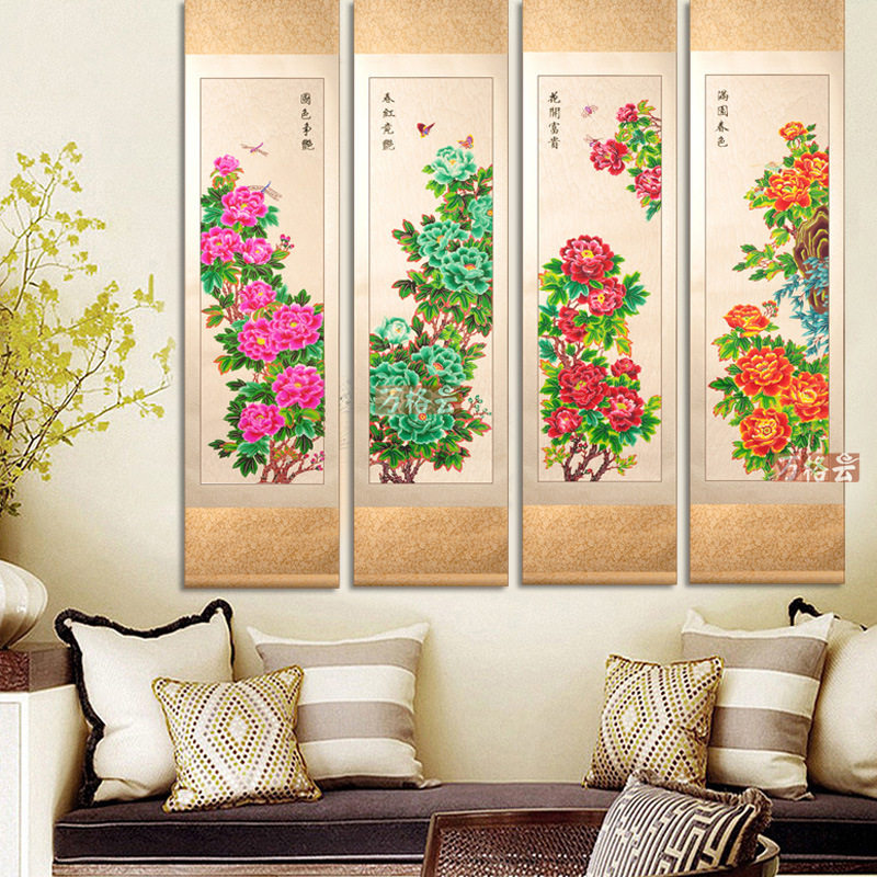 蔚县手工剪纸牡丹四条屏装饰画