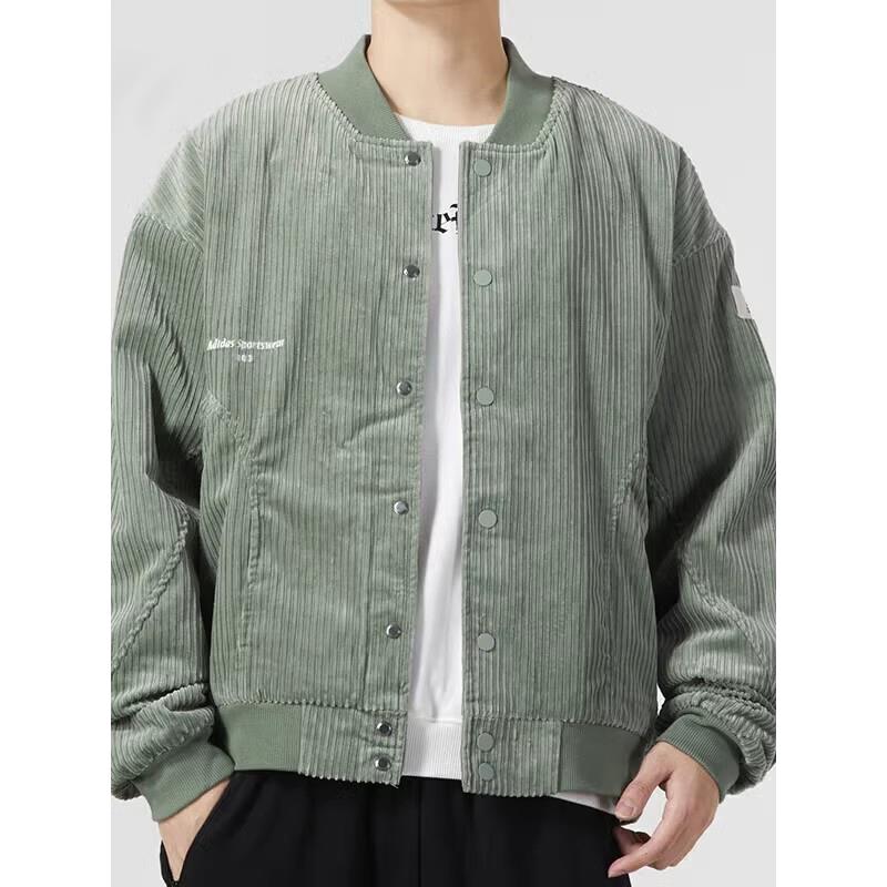 阿迪达斯加绒灯芯绒外套男冬季新款美式复古绿色篮球宽松棒球服