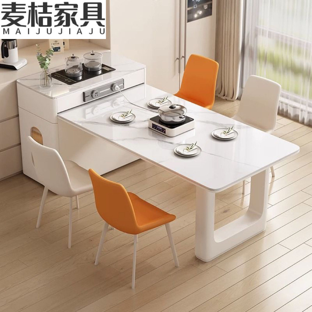 岩板岛台餐桌一体现代简约家用厨房多功能带电磁炉茶桌可伸缩餐桌