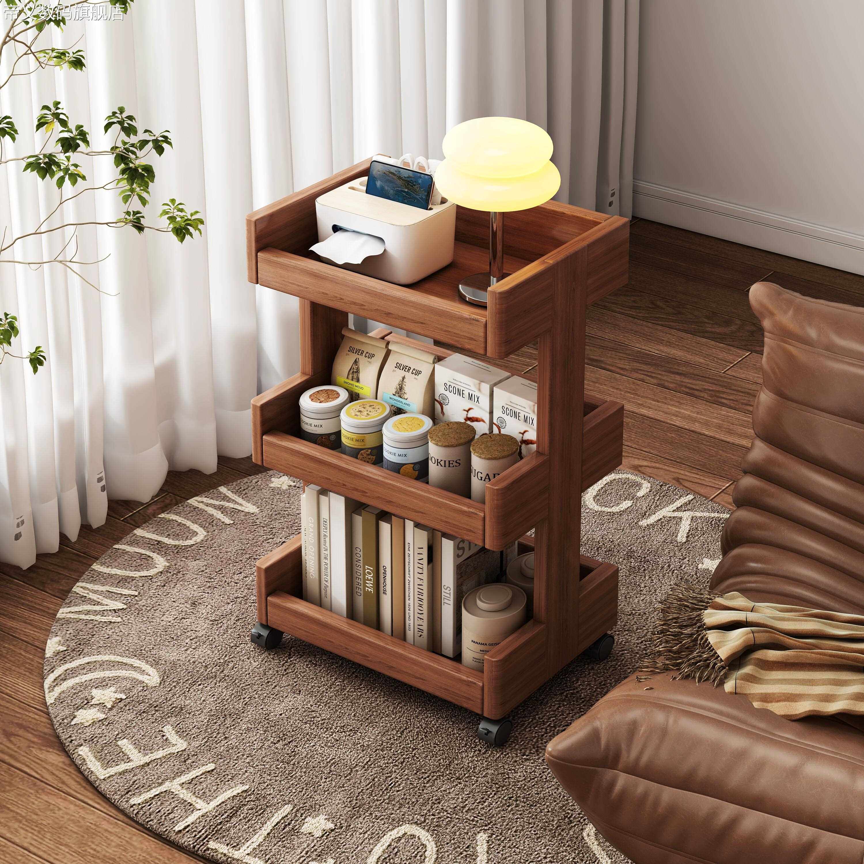 帝义可移动书架落地置物架多层带轮小推车零食杂物桌面旁中古盖布