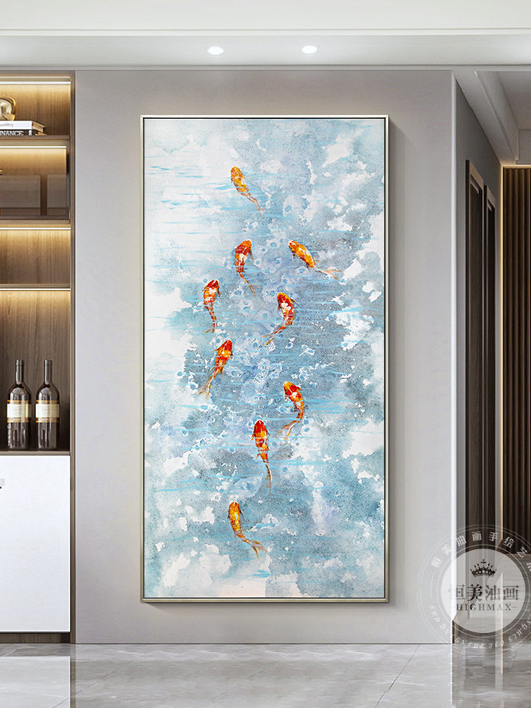 九鱼图玄关装饰画现代简约竖版肌理画客厅挂画玄幻过道手绘油画
