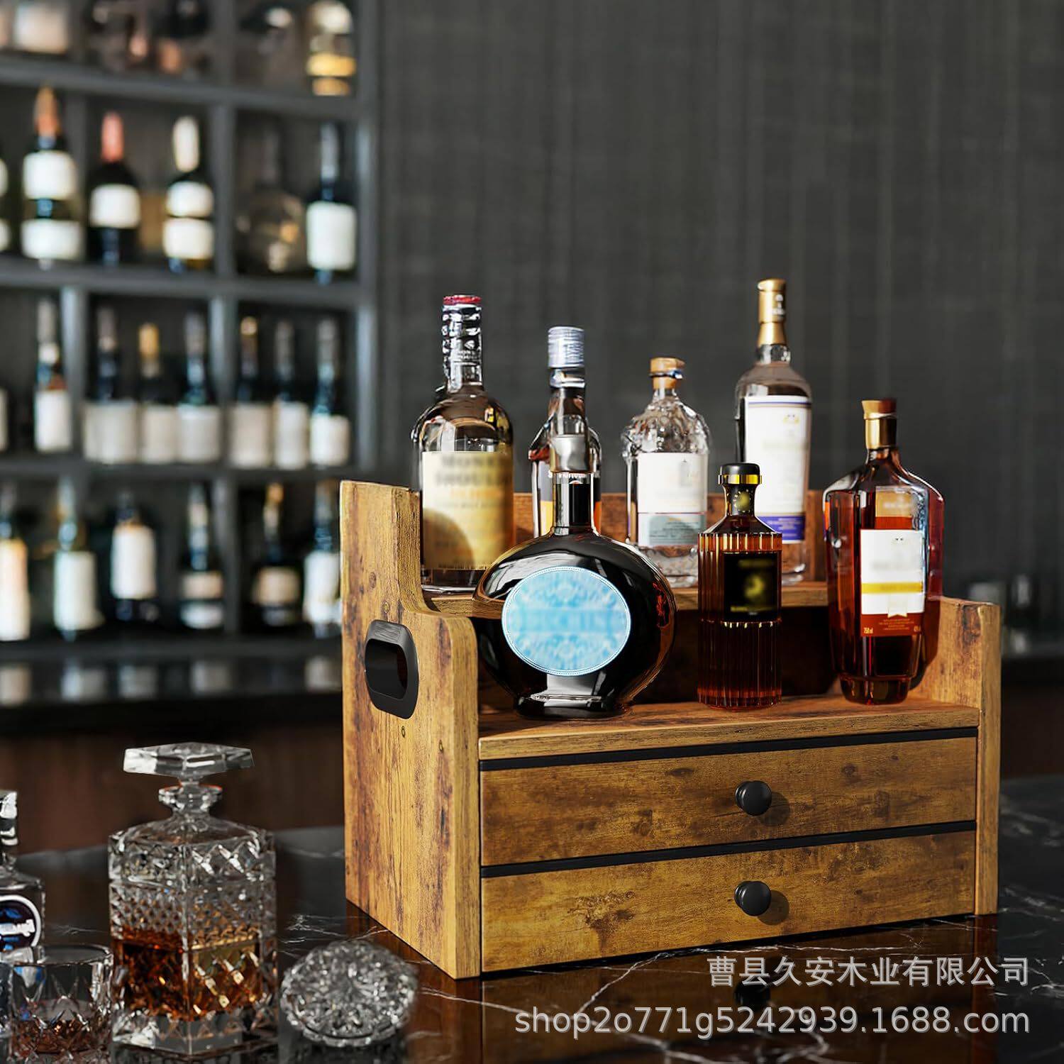 木制咖啡糖浆收纳架桌面酒架带双层抽屉调料架带把手酒瓶展示架图片