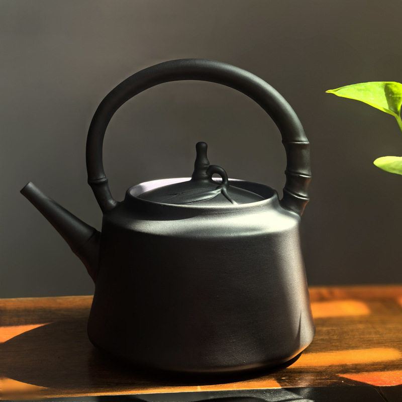 粗陶壶竹节提梁壶烧水壶煮茶壶耐热黑釉家用煮茶器大容量电陶炉用