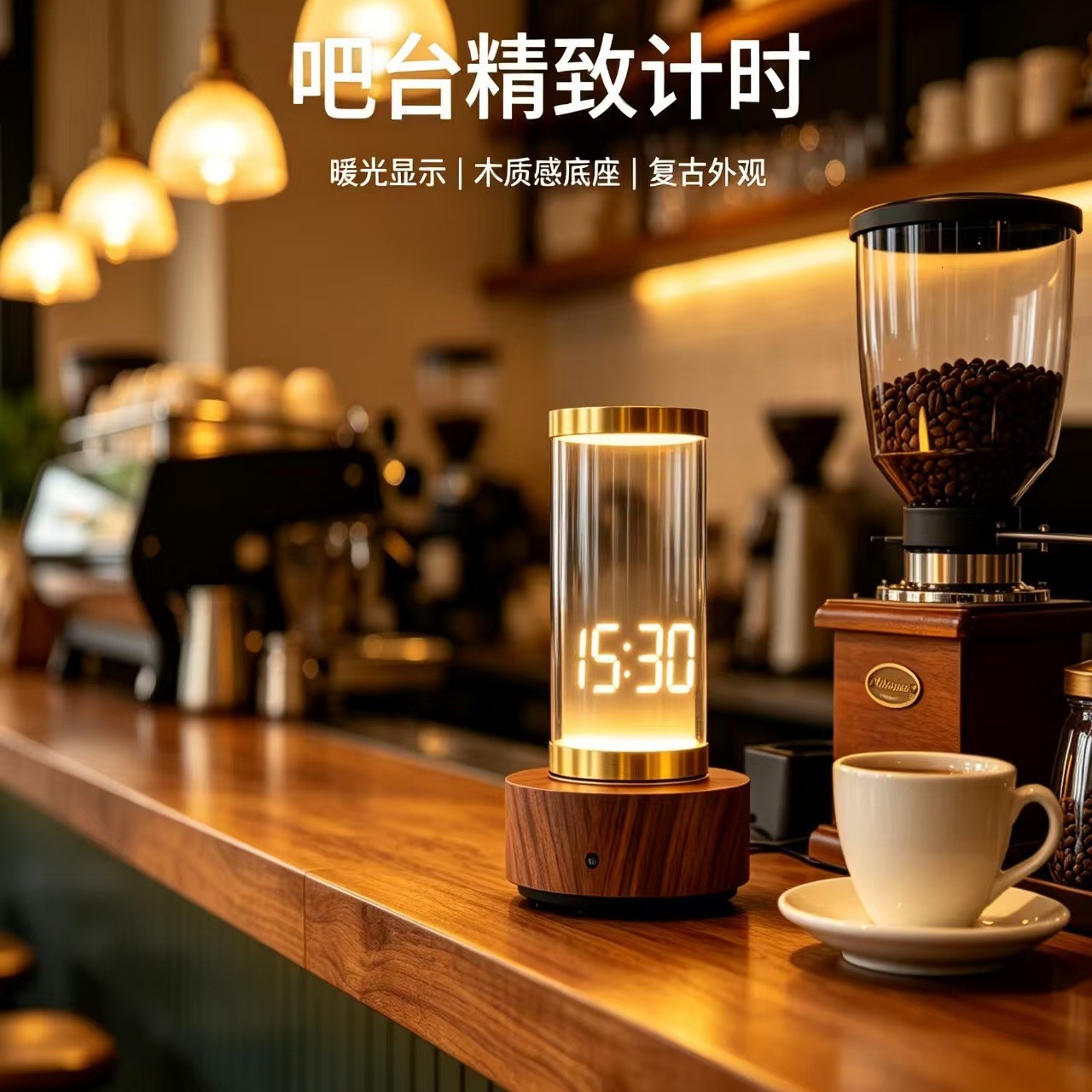创意笔筒闹led木质电子时钟静音声控简约办公摆件木头钟