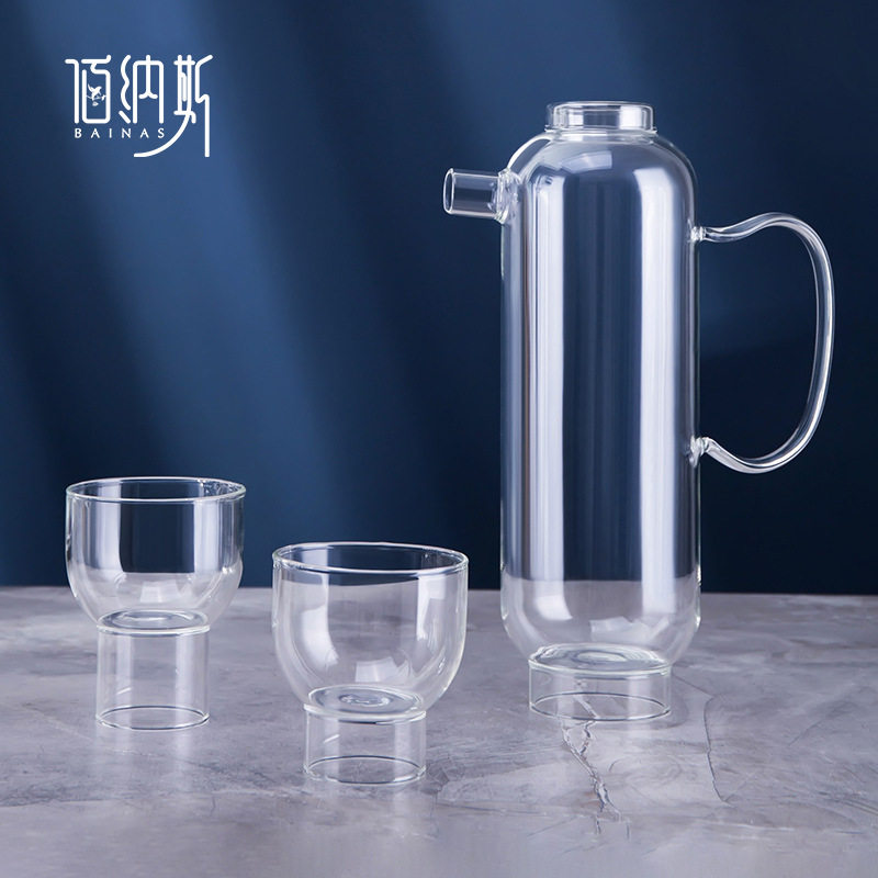 现代简约透明玻璃一壶两杯高脚冷水壶酒店样板房餐桌面装饰品摆件