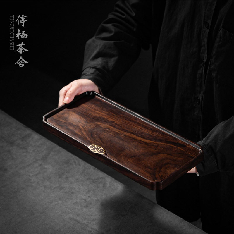 停栖整块实木茶盘黑檀木镶铜小茶台茶室干泡盘托盘壶承整木茶盘