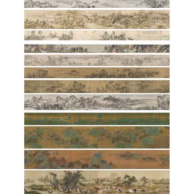 新中式古典名画壁纸休园图富春山居图腰线墙纸宋式美学中古风墙布
