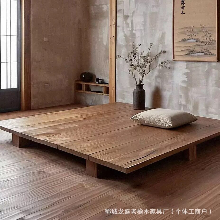 榻榻米实木地铺床复古日式民宿原木地台床卧室休闲阳台落地飘窗床