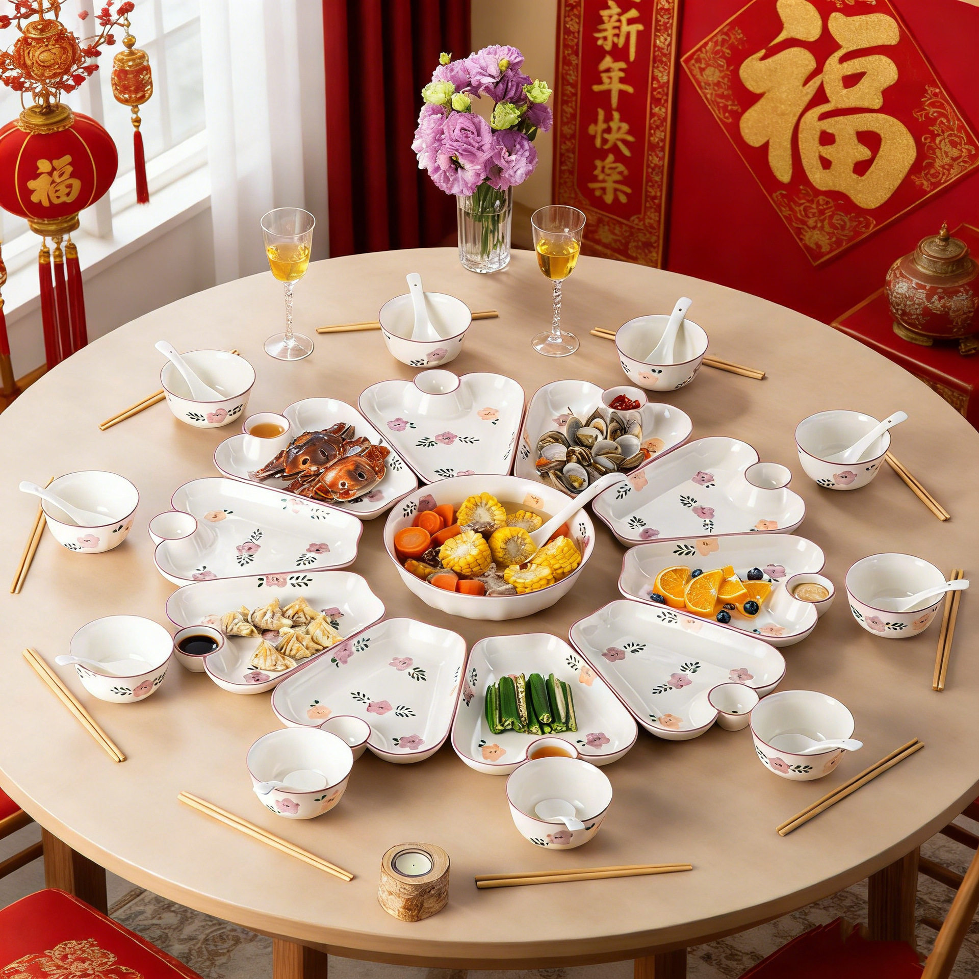 陶瓷餐具拼盘套装釉下彩摆盘带蘸料碟家用宴会餐厅圆桌盘碗砂锅